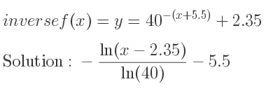 The inverse of f(x)=y=40^{-(x+5.5)}+2.35 is -(ln(x-2.35))/(ln(40))-5.5